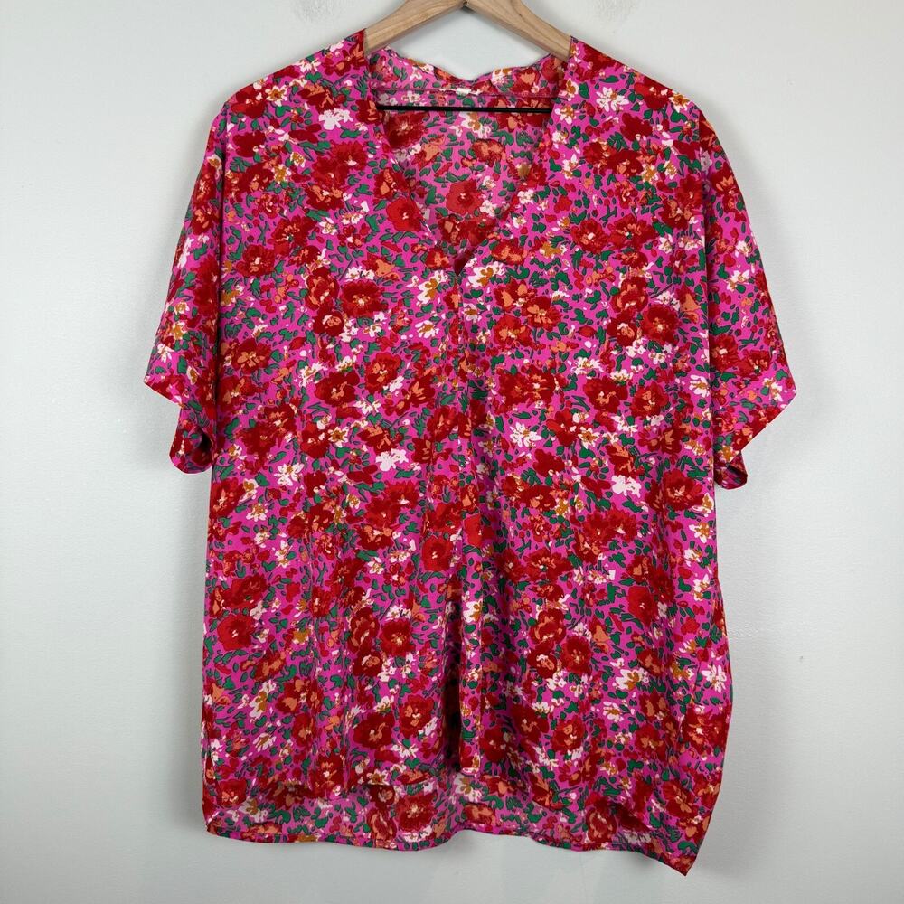 Jodifl Top Women M Pink Red Floral Ditsy V-Neck Short Sleeve‎ Blouse Bloomcore